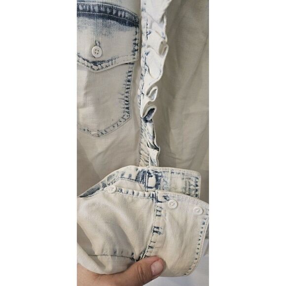 Alice + Olivia Women's Hannah White Ruffled Denim Button-Down Top Size XS - Picture 6 of 9